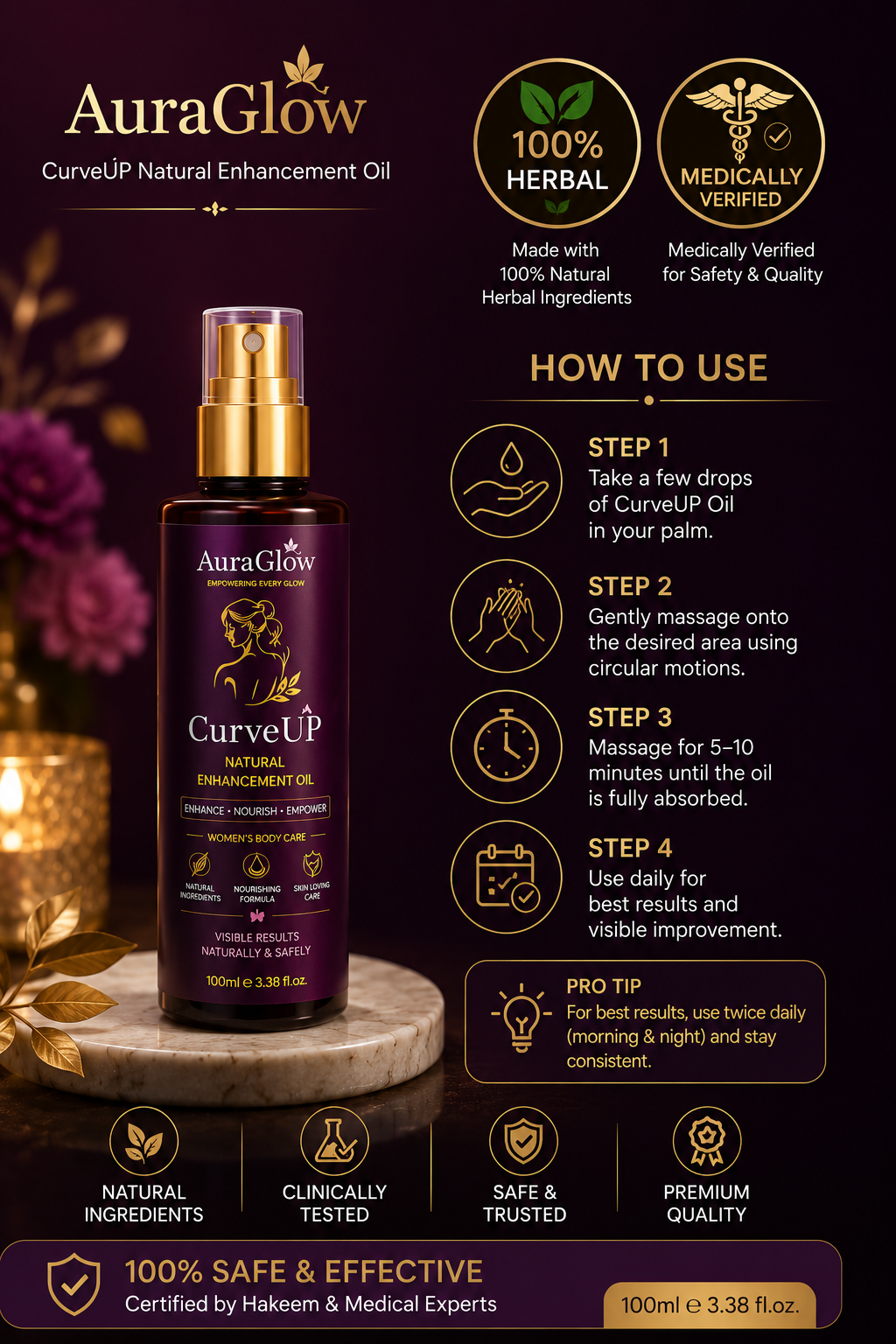 CurveUP Natural Enhancement Oil| AuraGlow Herbal Breast Enlargement oil Oil