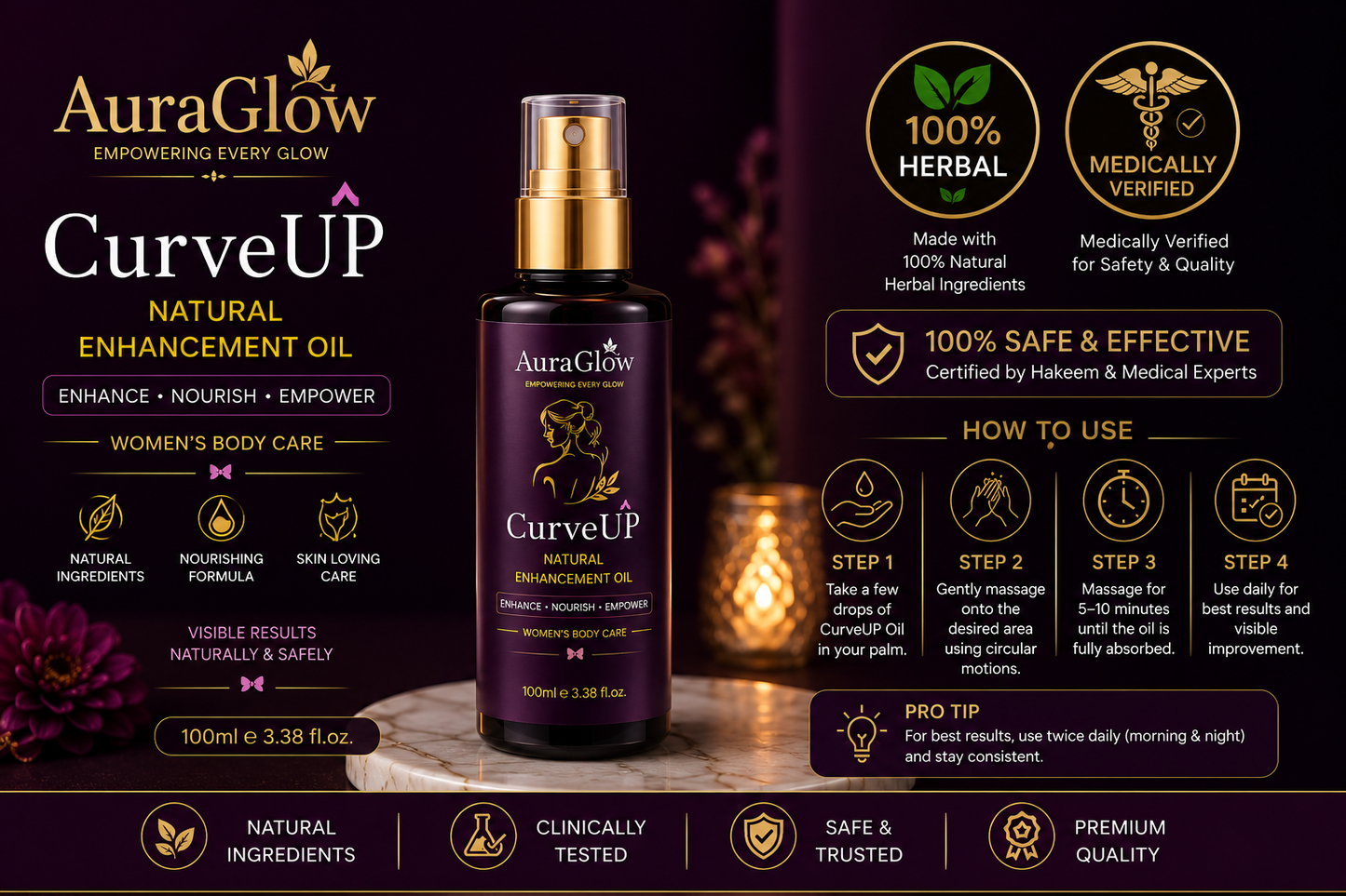 CurveUP Natural Enhancement Oil| AuraGlow Herbal Breast Enlargement oil Oil